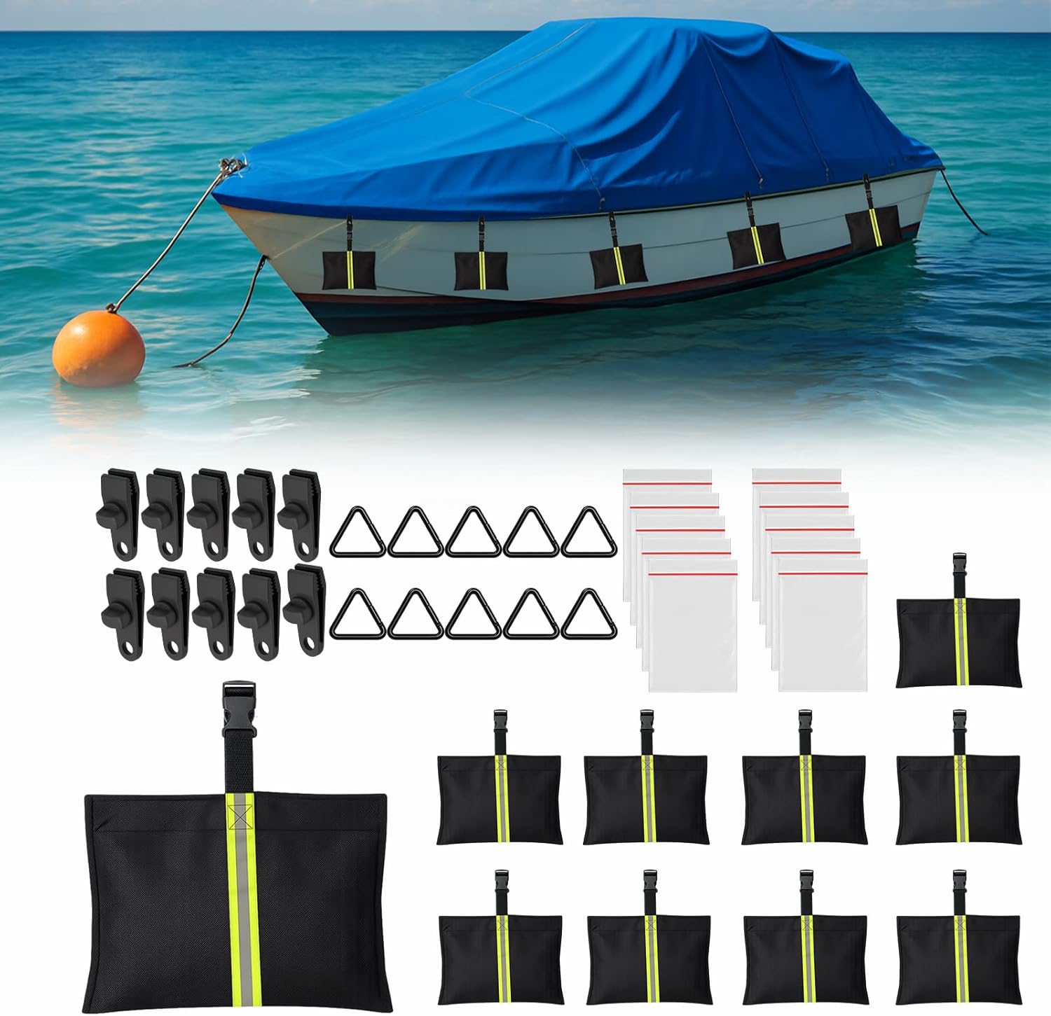 10 Pack Boat Cover Sandbags, 800D Marine Grade Polyester Fabric Reflective Sand Bag Mooring Kit, Windproof Boat Cover Weight Bags with Tarp Clip Accessories