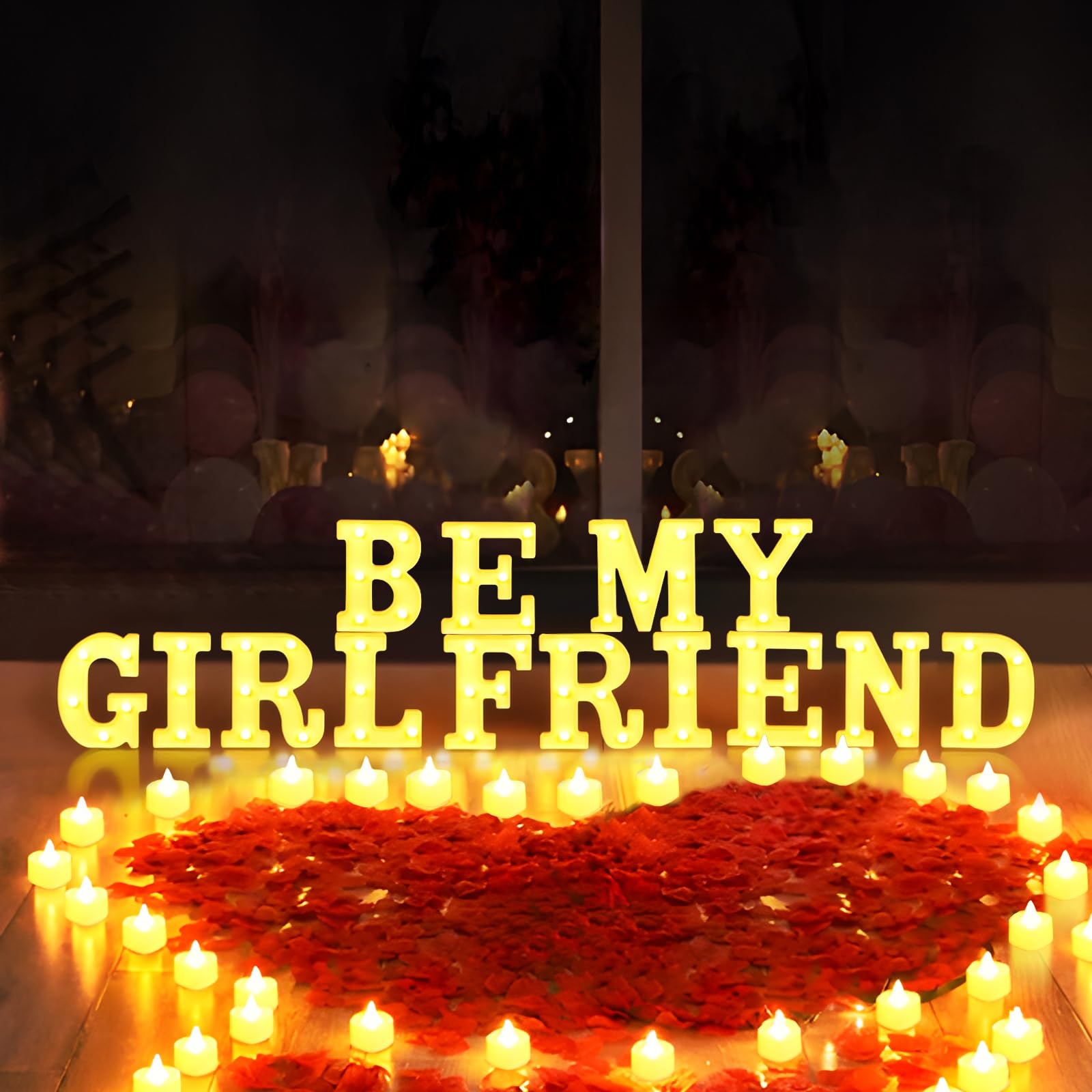 2038 Pcs Be My Girlfriend Light Up Letters Proposal Decorations, Be My Girlfriend Sign with 24 Pcs Heart Flameless Candles 2000 Pcs Rose Petals for Valentine's Day Romantic Night Decor — image 1