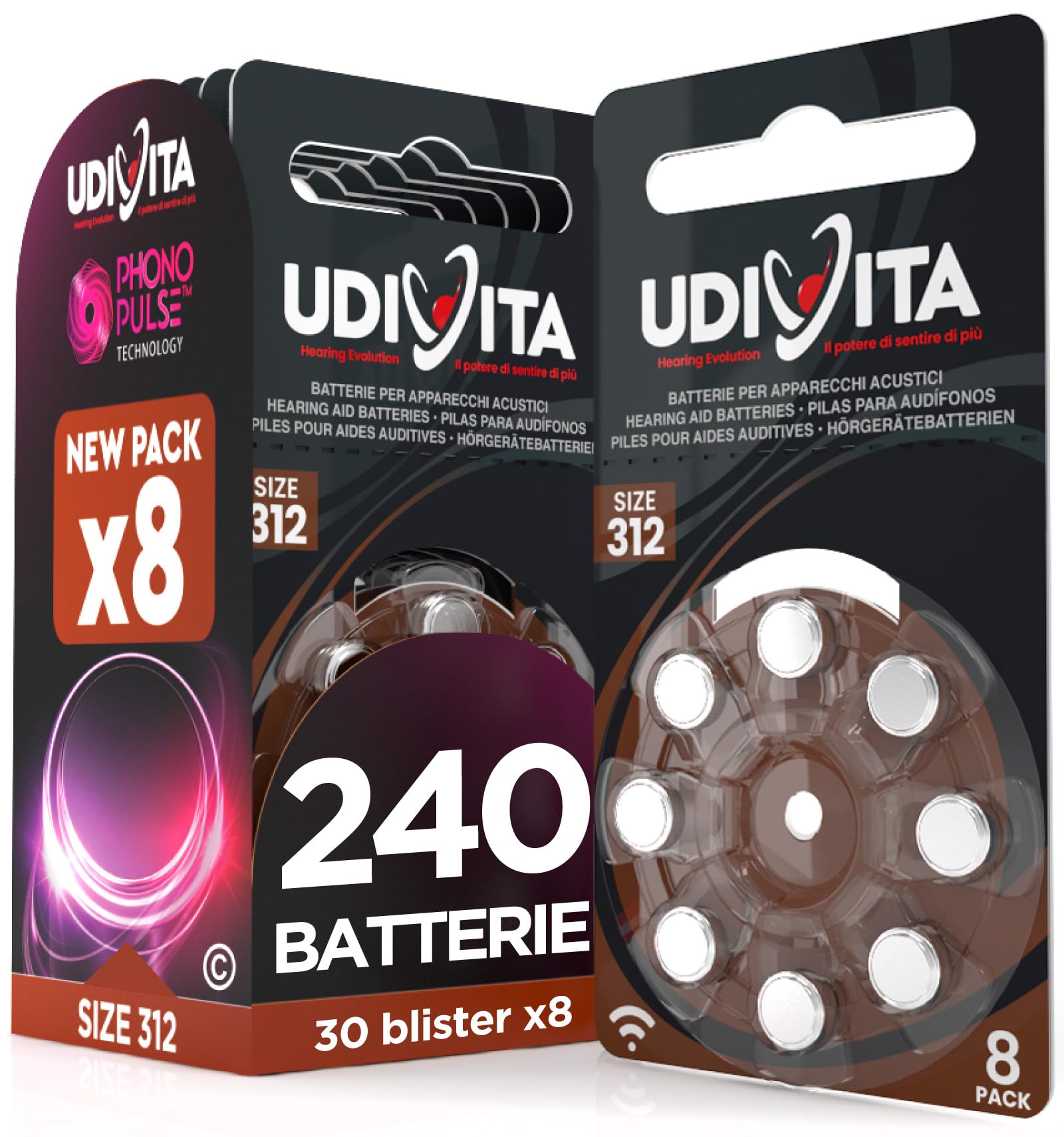 240 Batterie Per Apparecchi Acustici Auricolari Udivita Misura 312 PR41 (Marroni) Tecnologia Phono Pulse - 30 Blister da 8 Pile