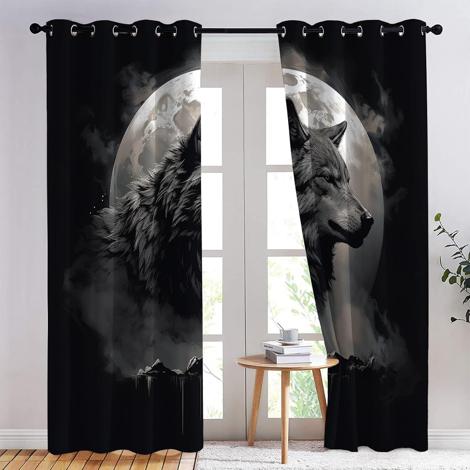 Wolf Curtains, Bedroom Curtains & Living Room Curtains 63 Inch Length 2 Panels Set, Moon Decorative Patterned Blackout Grommet Drapes Window Treatments & Home Decor (W3-&225)