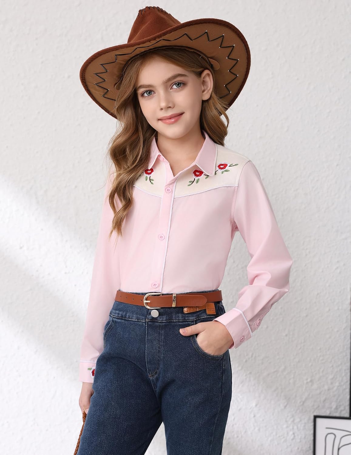 Girls Western Cowgirl Shirt Long Sleeve Retro Floral Embroidered Collared Button Down Blouse Tops for Country Outfit