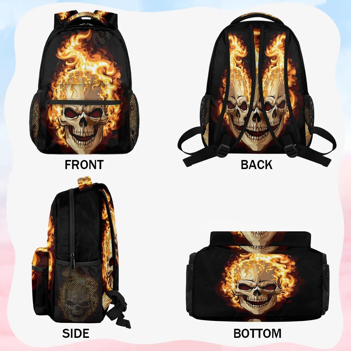 Pardick Funny Fire Gothic Skull Backpack for Girls Boys Kids 16inch Laptop Backpacks Lightweight Waterproof School Bookbag Travel Daypack Computer College Bag Gym Rucksack for Work School Women Men
