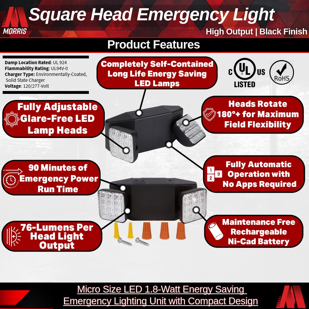 Morris Products Square Head Micro LED Emergency Light – Black, High Output - 76 Lumens - Energy Saving Emergency Lighting Unit – Compact Design – Thermoplastic Housing, Mounting Plate