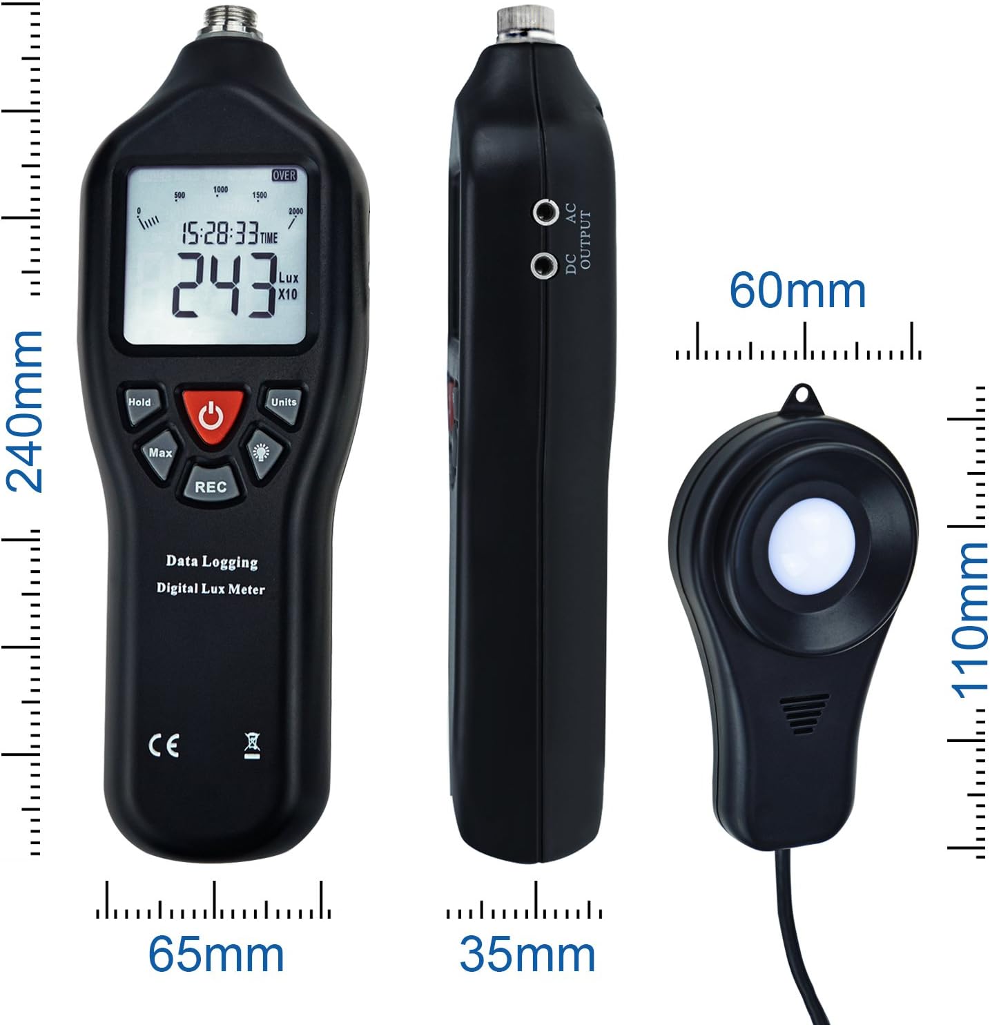 Digital Lux Meter 0-200,000 Lux – USB Data Logger for Windows 10/8/7/Vista/XP, 21,000 Memory, Auto-Ranging, Backlit Display, Fc/Lux Switchable, Detachable Sensor