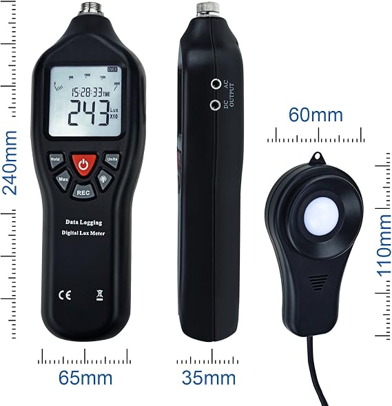 Digital Lux Meter 0-200,000 Lux USB Data Logger for Windows 10/8/7/Vista/XP, 21,000 Memory, Auto-Ranging, Backlit Display, Fc/Lux Switchable, Detachable Sensor