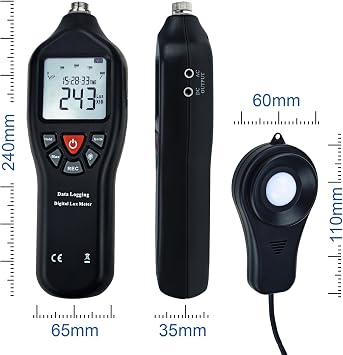 Digital Lux Meter 0-200,000 Lux USB Data Logger for Windows 10/8/7/Vista/XP, 21,000 Memory, Auto-Ranging, Backlit Display, Fc/Lux Switchable, Detachable Sensor