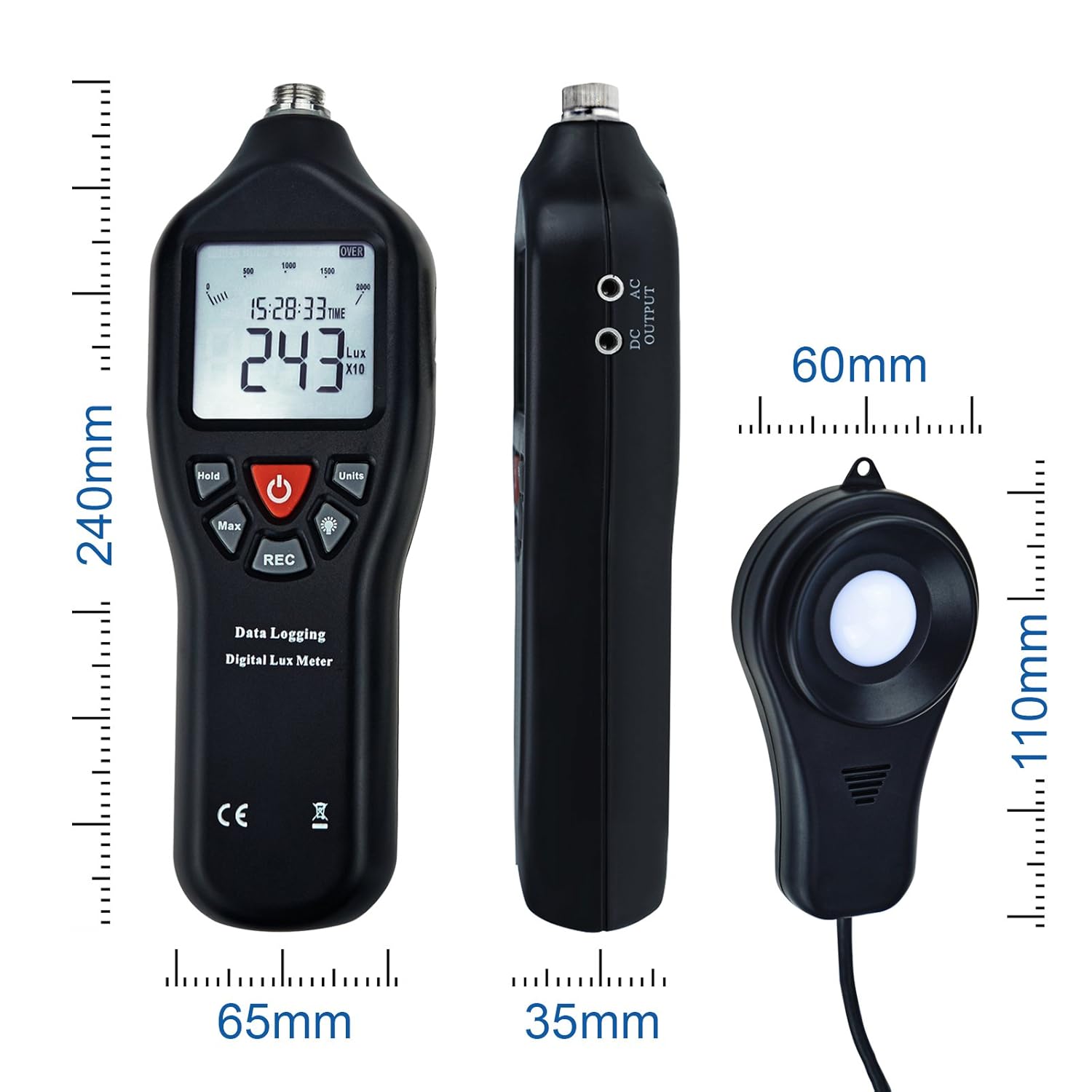 Digital Light Lux Meter with Data Logging FunctionMeasurement Range 0 to 200,000 Lux Auto Ranging Instrument Detachable sensors Used in The Home, Light Pollution Outdoors (Lux Meter w/Data Logging)