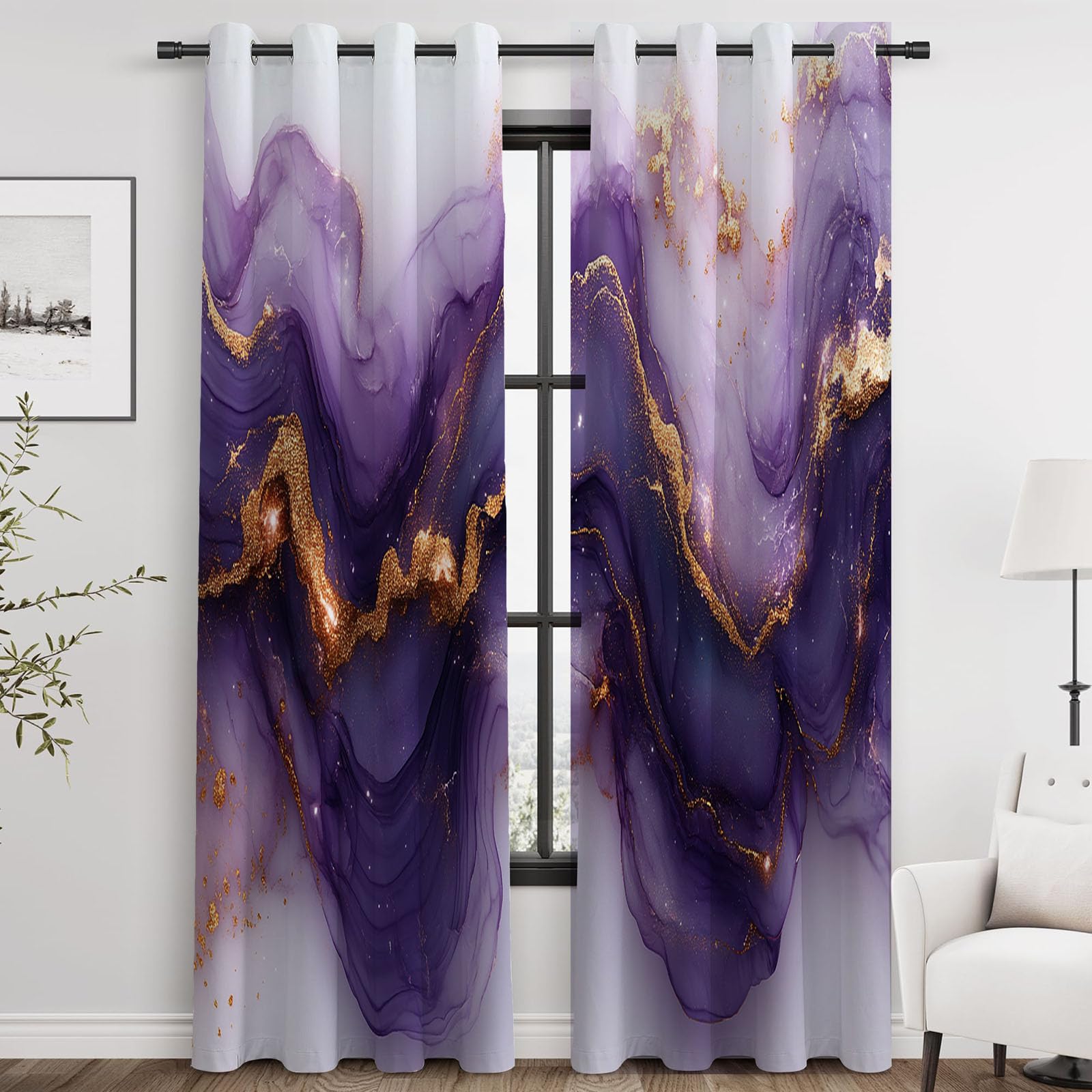 Verdunkelungsvorhänge Abstrakter, Luxuriöse purpurne Fließgold-Textur Moderne Kunstmalerei, Vorhang für Wohnzimmer, Schlafzimmer-H180 x B140 cm (2er Pack)