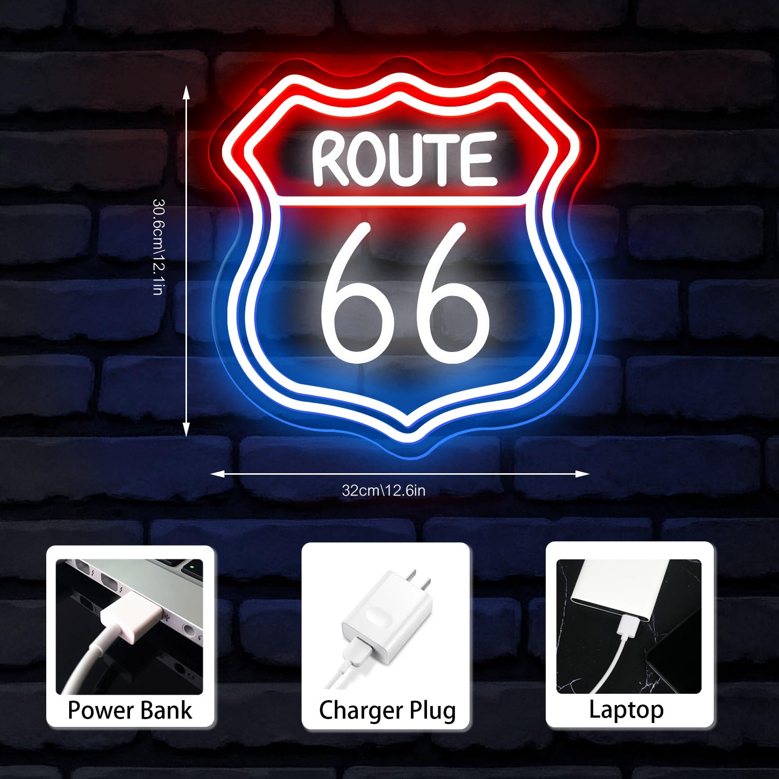 Znak neonowy Route 66 niebiesko-czerwono-biały, diody LED, neonowe światła do dekoracji ścian, USB, regulowana jasność, akrylowe światła neonowe, odpowiednie do dekoracji klubu, biura, barów, pokoju