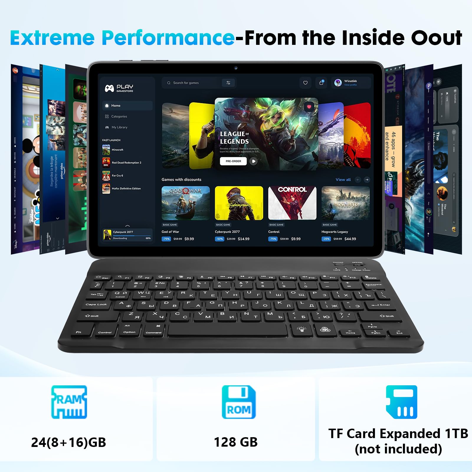 Android 15 Tablet 10 Zoll, 24GB RAM + 128GB ROM (1TB Erweiterbar), Octa-Core, 1280x800 IPS HD Touchscreen, 5MP+8MP Dual-Kamera, 6000 mAh, Mit Tastatur, Maus, Widevine L1 (Blau)，Gemini AI