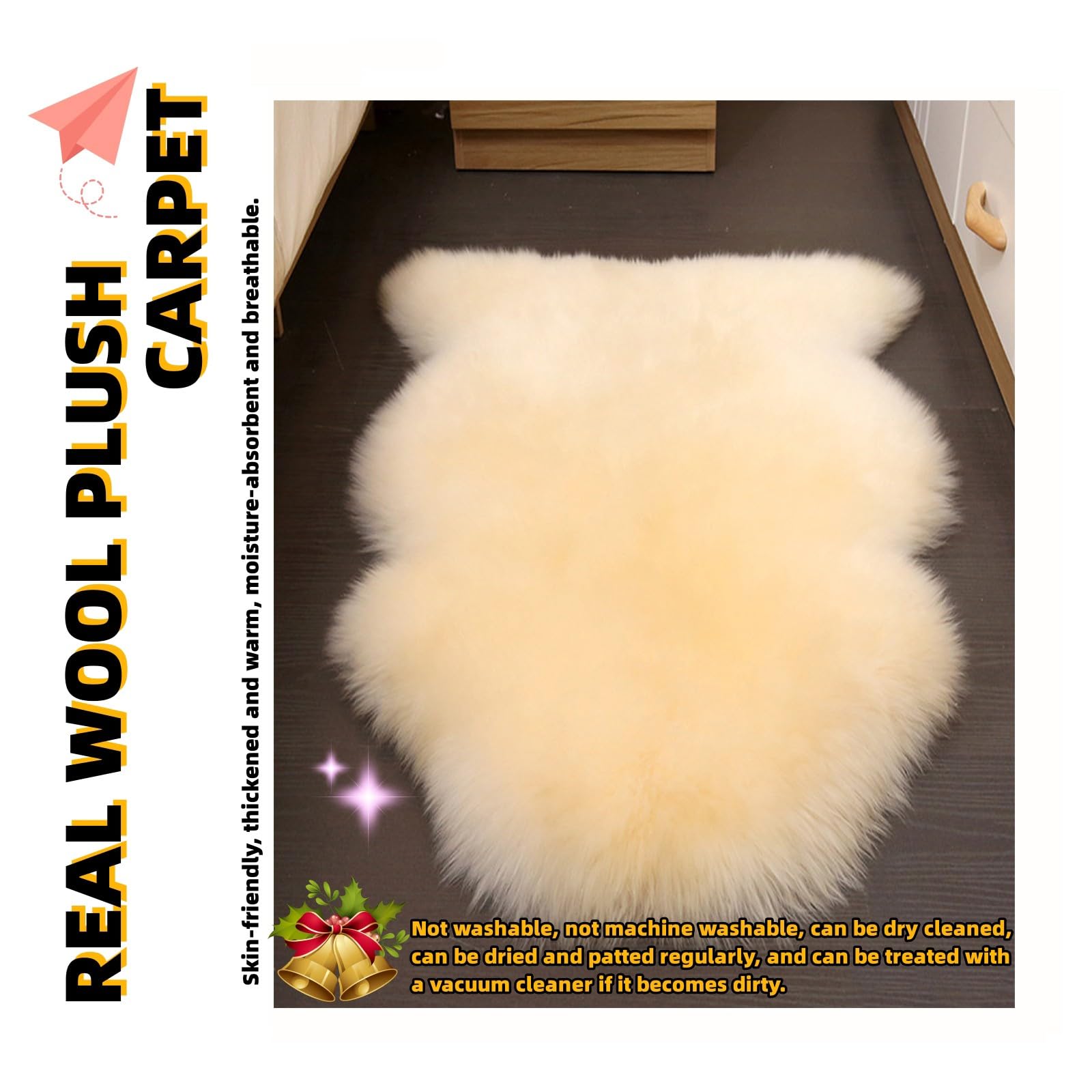 Echter Schaffell Teppich Groß - Echte NeuseeläNdische Schaffell Teppiche Wollfell Bodenmatte - LuxuriöSer Schaffell Sitz Stuhlbezug Sofamatten füR Schlafzimmer und Wohnzimmer(Off White,60*90cm)