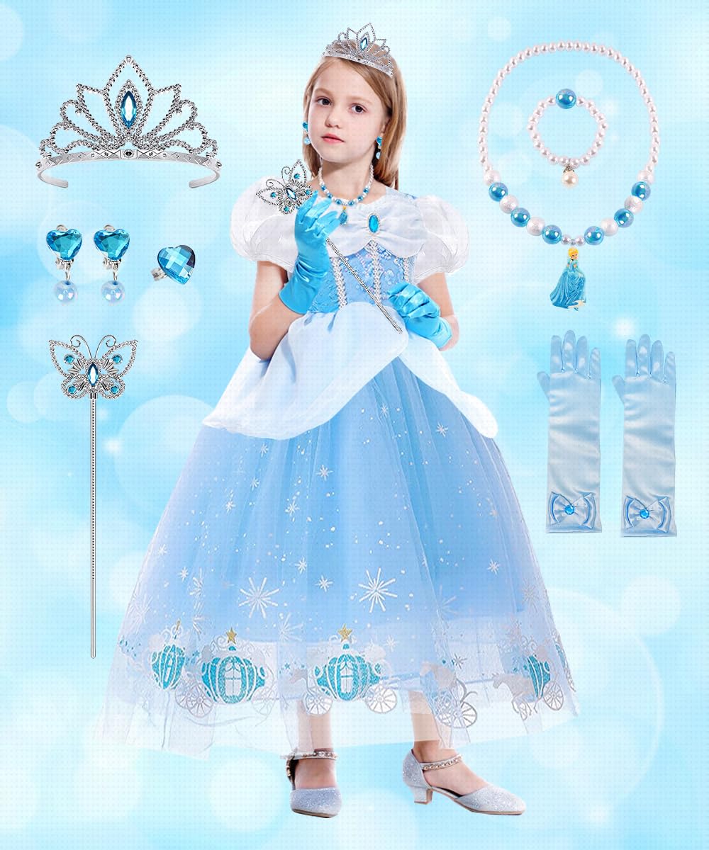 Robe Princesse Fille, Deguisement Princesse avec Couronne Collier Ensemble, Costume Carnaval Enfant, Deguisement Princesses pour Anniversaire Cosplay Fête