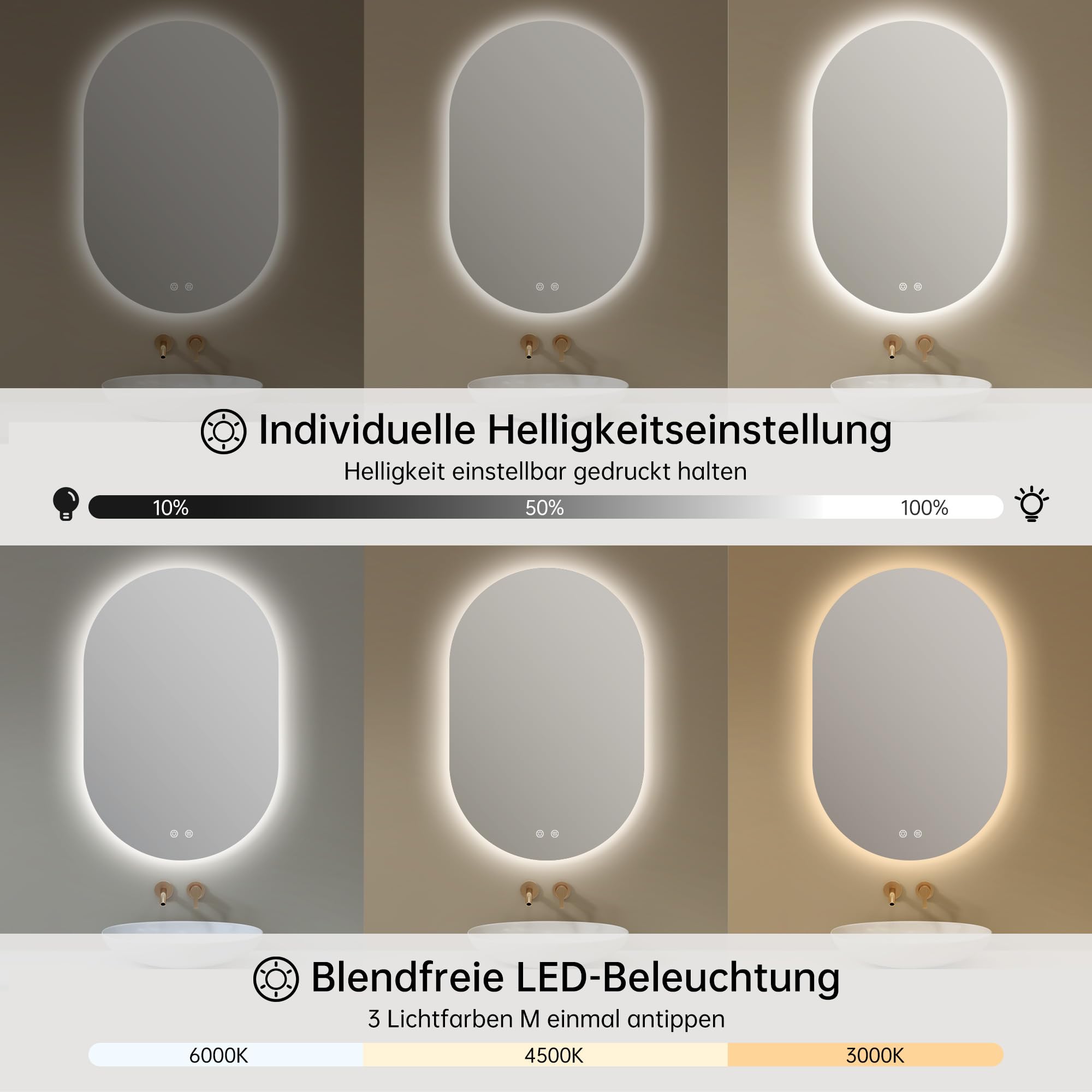 50x75cm LED Badspiegel mit Beleuchtung Oval | Badezimmerspiegel mit Beleuchtung,Beschlagfrei,Touch-Schalter, Dimmbar,3 Lichtfarbe Einstellbare, Bruchsicher