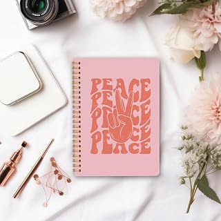 Retro Groovy Peace Hand Spiral Notebook Journal 5.5x8.3, Pink Peaceful Notebook, Peace Sign Gifts Journal, Aesthetic Office Supplies Gifts