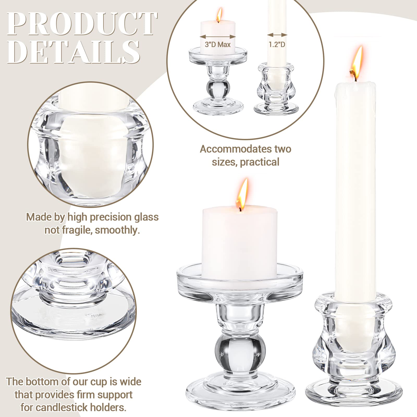 Lot de 3 bougeoirs en verre pour bougies piliers et coniques - Élégant bougeoir en cristal - Décoration d'intérieur