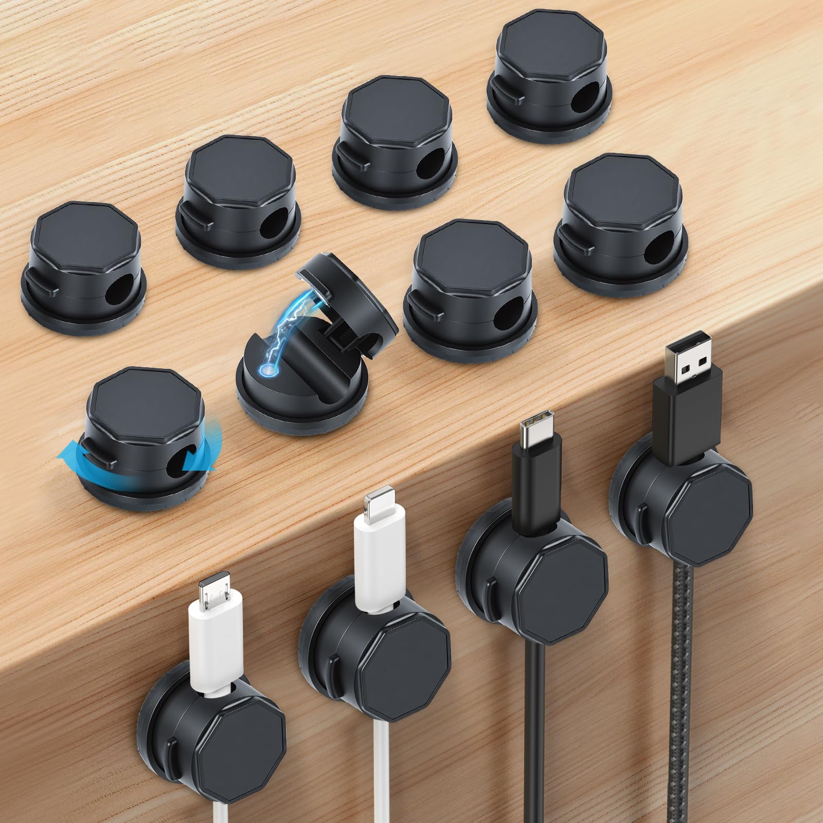 aceyoon 12 Pack Cable Clips Organizer 360° Rotatable Upgraded Magnetic Desk Cable Clips Management Self-Adhesive Charging Cord Holder for Nightstand, Car, Office, Desk, Desk Organizers, Black
