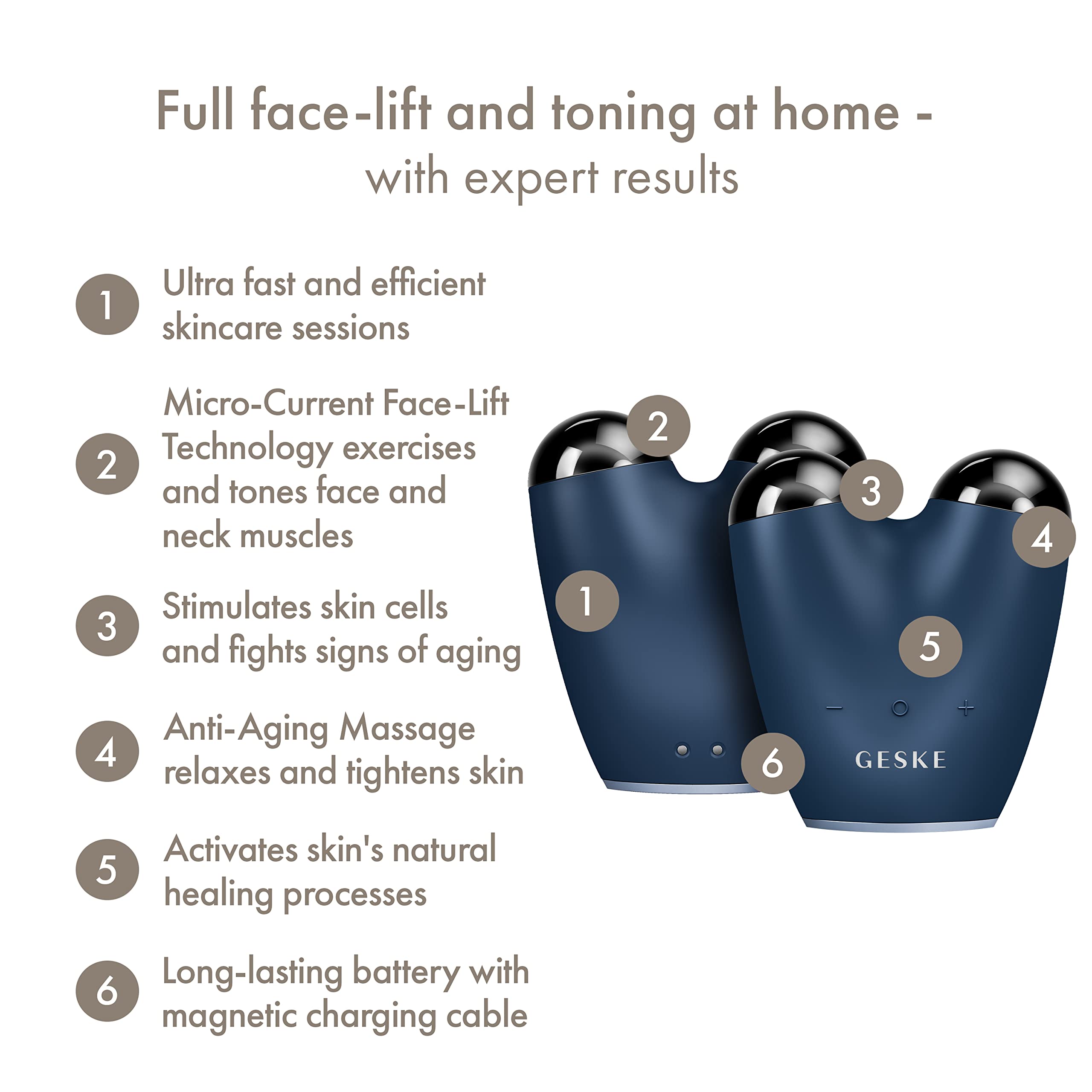 GESKE | Dispositivo lifting viso a microcorrente SmartAppGuided™ | 6 in 1 | Lifting facciale | Strumenti per la cura della pelle | Dispositivo anti-età | Microcorrente anti-rughe