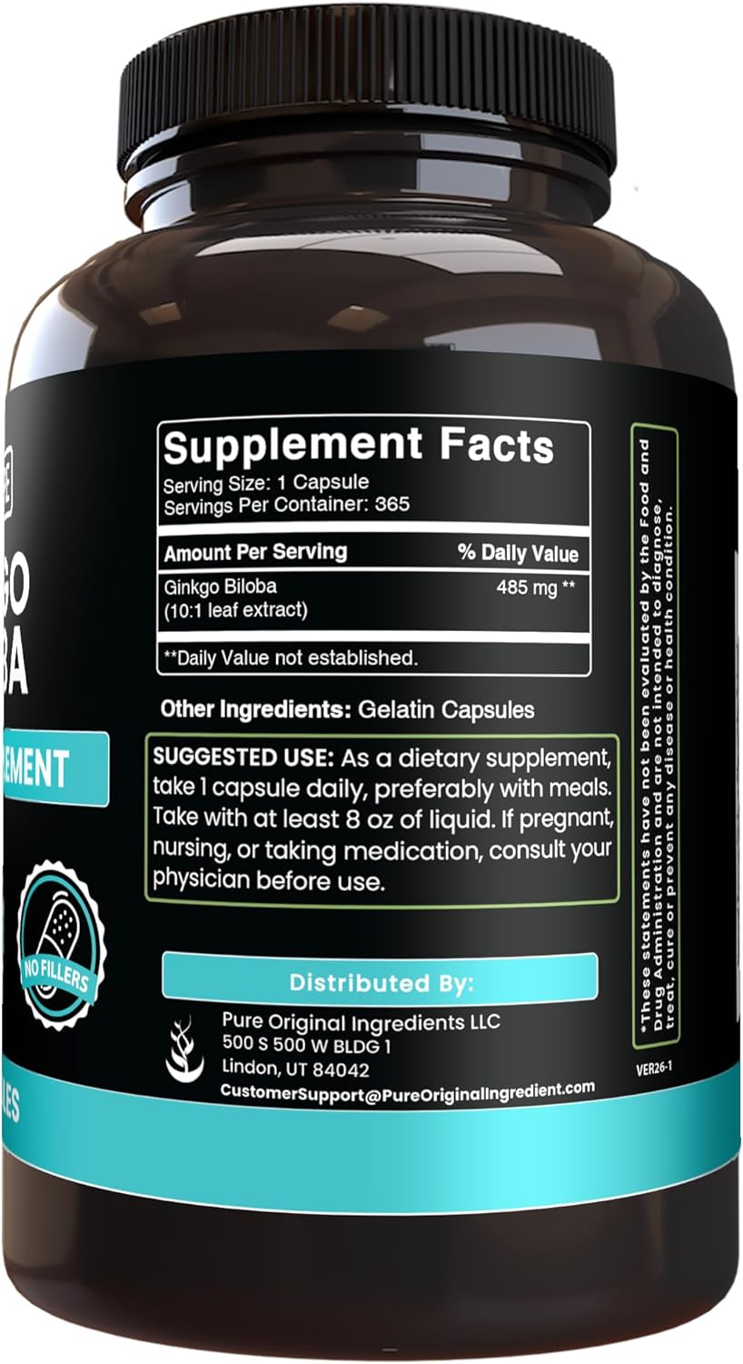 PURE ORIGINAL INGREDIENTS Ginkgo Biloba (365 Capsules) No Magnesium Or Rice Fillers, Always Pure, Lab Verified
