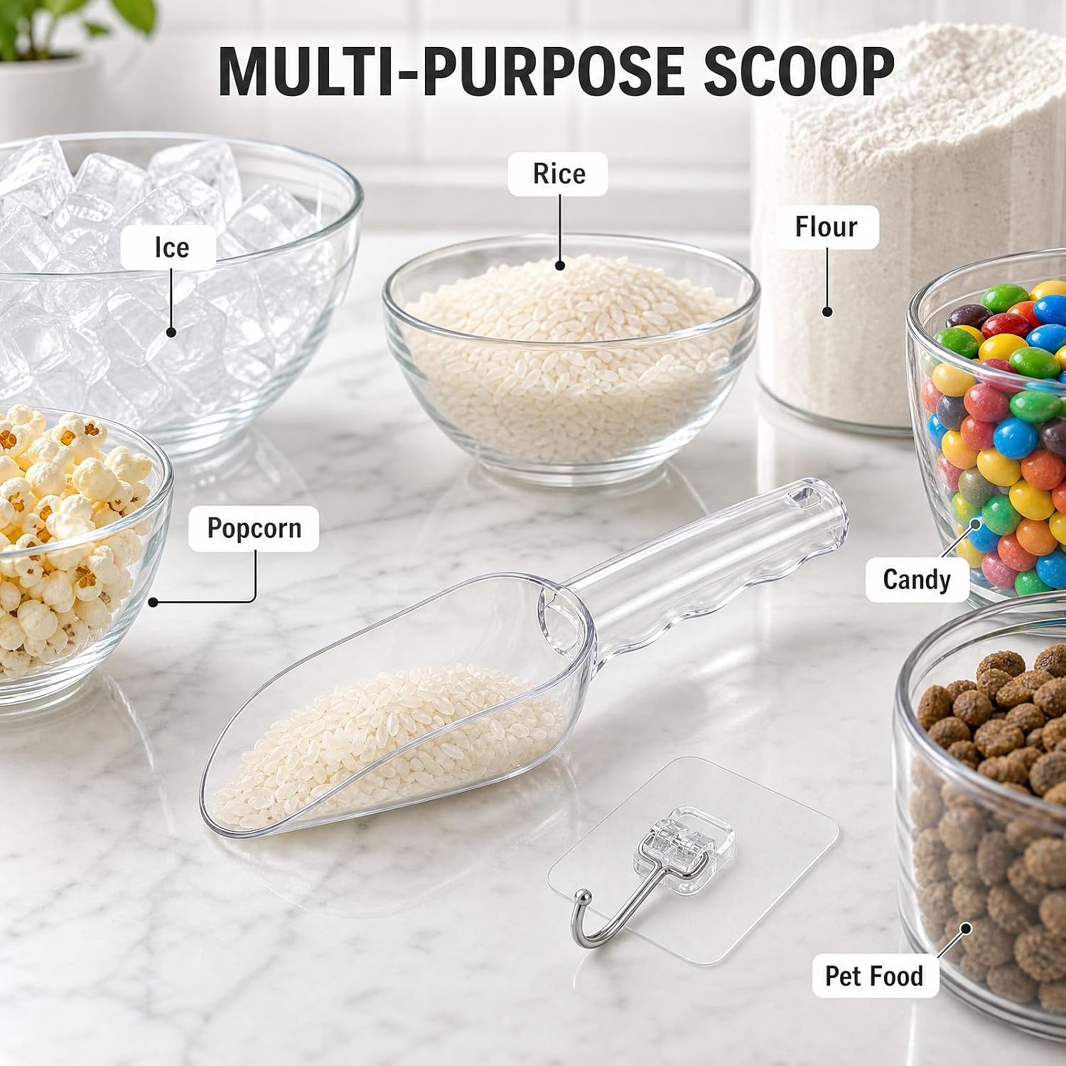 4 oz Plastic Ice Scoop With Hook, Large Round Mouth, White