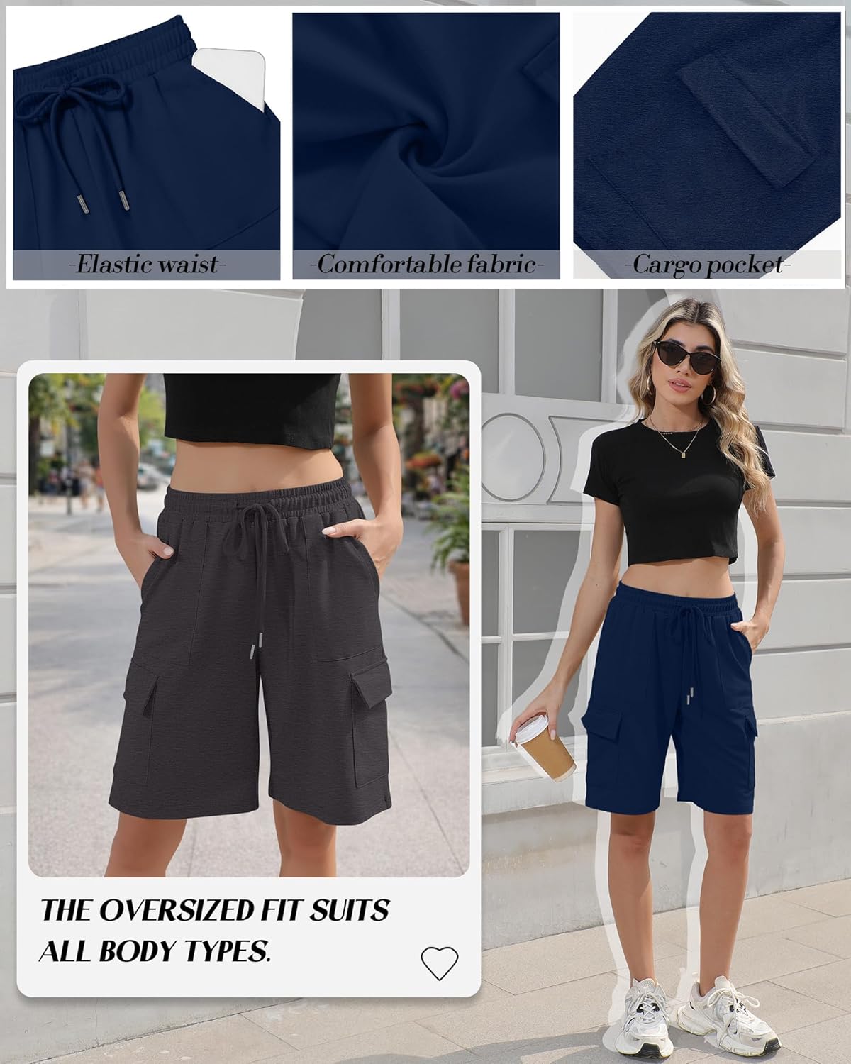 Ficerd 3 Pack Women's Bermuda Shorts Wide Leg Baggy Athletic Cargo SweatShorts Yoga Casual Knee Length Shorts with Pockets