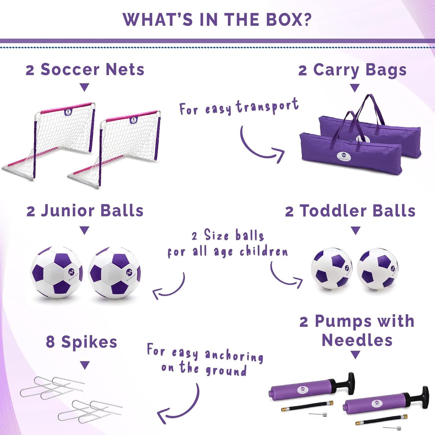 Morvat Kids Soccer Goal Set for Backyard with Metal Poles, 2 Sets of 48”x30” Nets, 4 Soccer Balls, 2 Pumps & 2 Storage Bags, Portable Folding Youth Sets for Kids + Toddlers (Pink & Purple - 2-Sets)