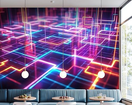 Miniatura 7 de Murales de pared de lienzo geométricos autoadhesivos de los años 80 de neón retro Synthwave 3D, líneas brillantes, papel tapiz de pared para