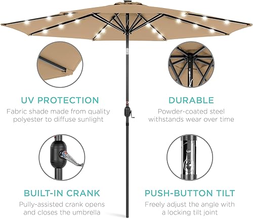 Vista 190 de Best Choice Products - Sombrilla solar de 7.5 pies para exteriores, patio, mesa, mercado, terraza, piscina con inclinación, manivela, luces LED