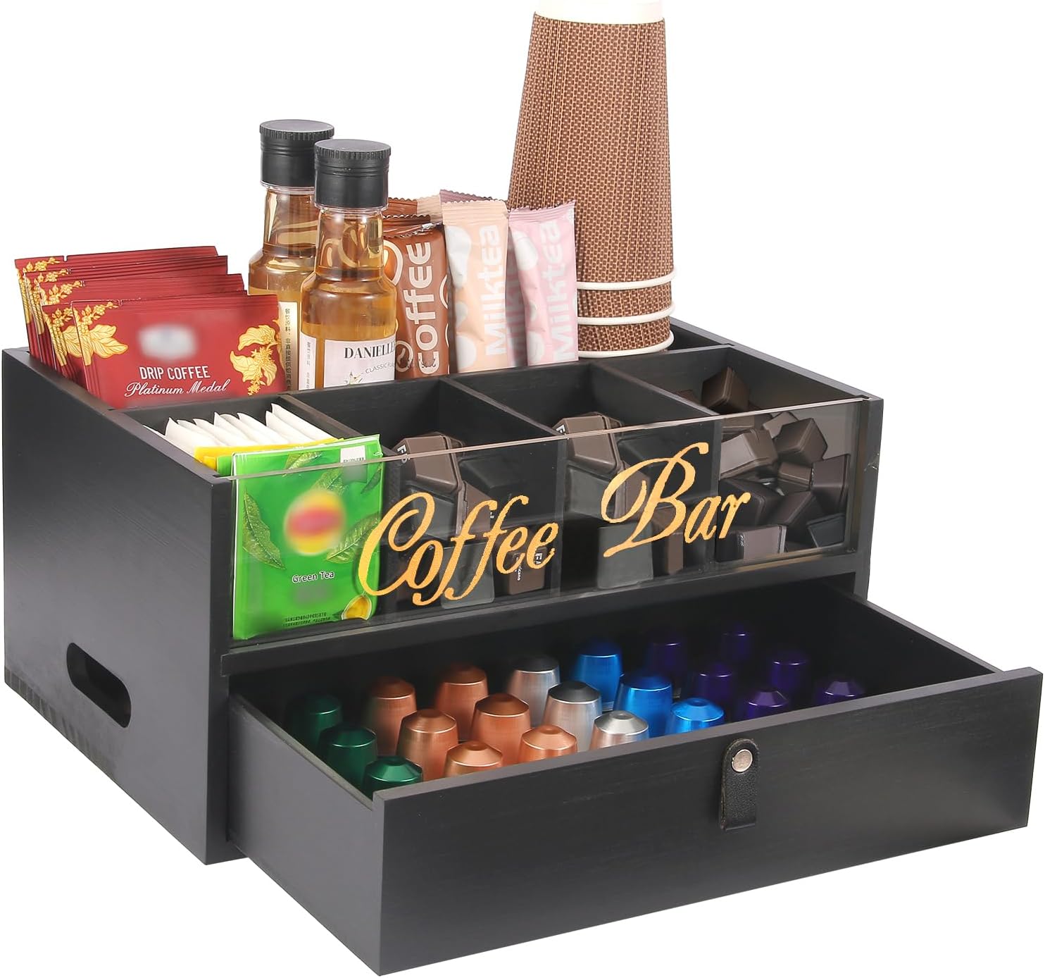 2-Tier Coffee Bar Organizer with Clear Acrylic Top, Built-in Drawer and Leather Handle Pull for Countertop, Stylish Coffee Station Storage Box for Accessories, Pods, Great Gifts for Home