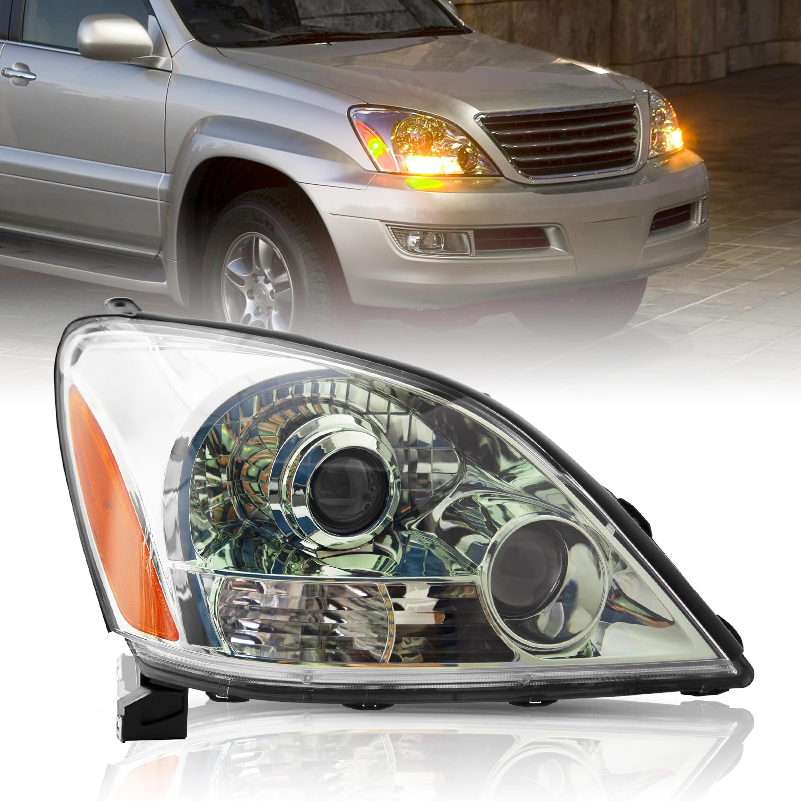 TUSDAR Headlight Assembly Compatible with 2003-2009 Lexus GX470 W/o Sport Package Chrome Housing RH Passenger Side Headlamp