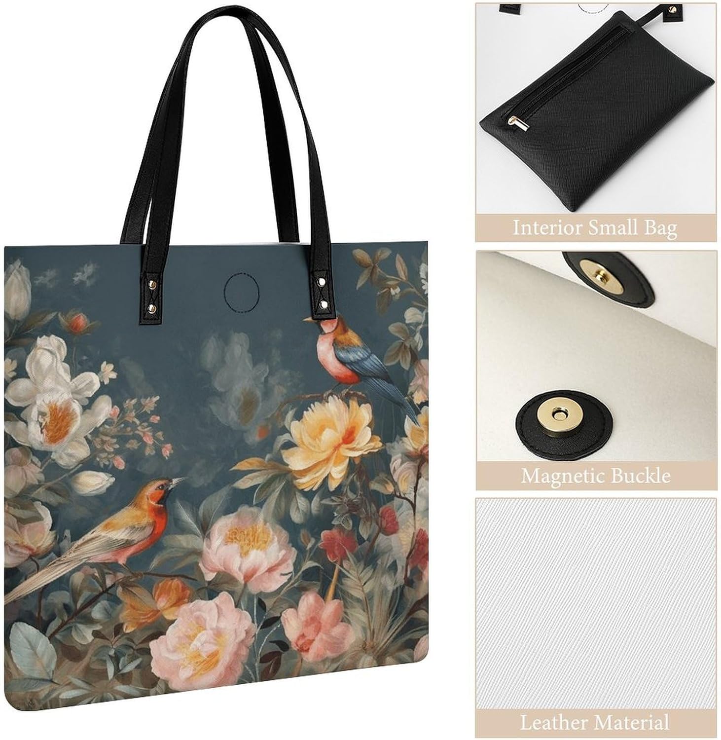 Flowers Birds Tote Bag with Magnetic Buckle Reusable Grocery Bags Lightweight Cross Body Handbag for Daily Essentials