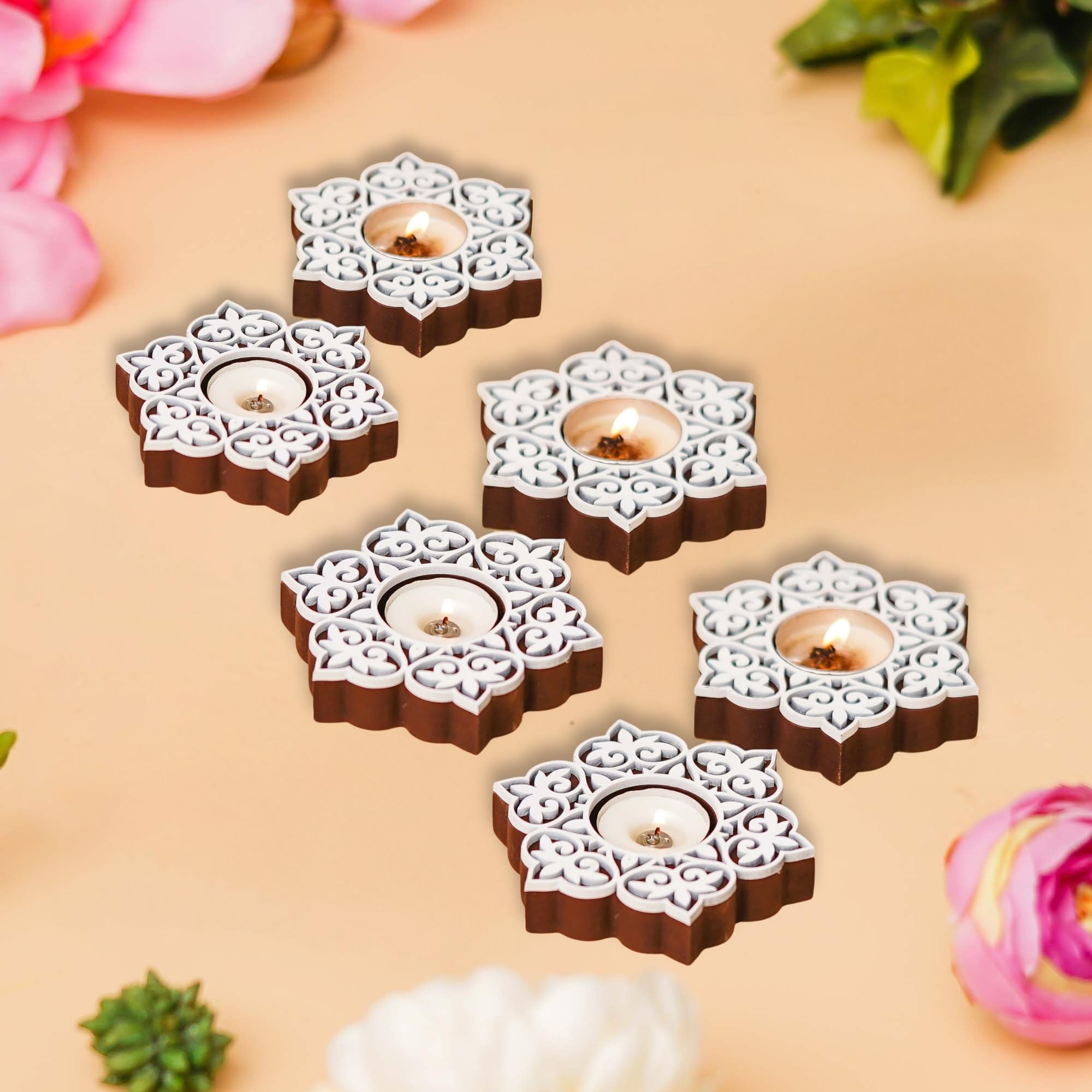 eCraftIndia Set of 6 White Brown Wooden Floral Printing Block Decorative Tea Light Candle Holders, Diya Stands - Tea Light Holders - Christmas Diwali Decoration Items for Home Decor (B0DF5QVHST) Amazon Price History, Amazon Price Tracker