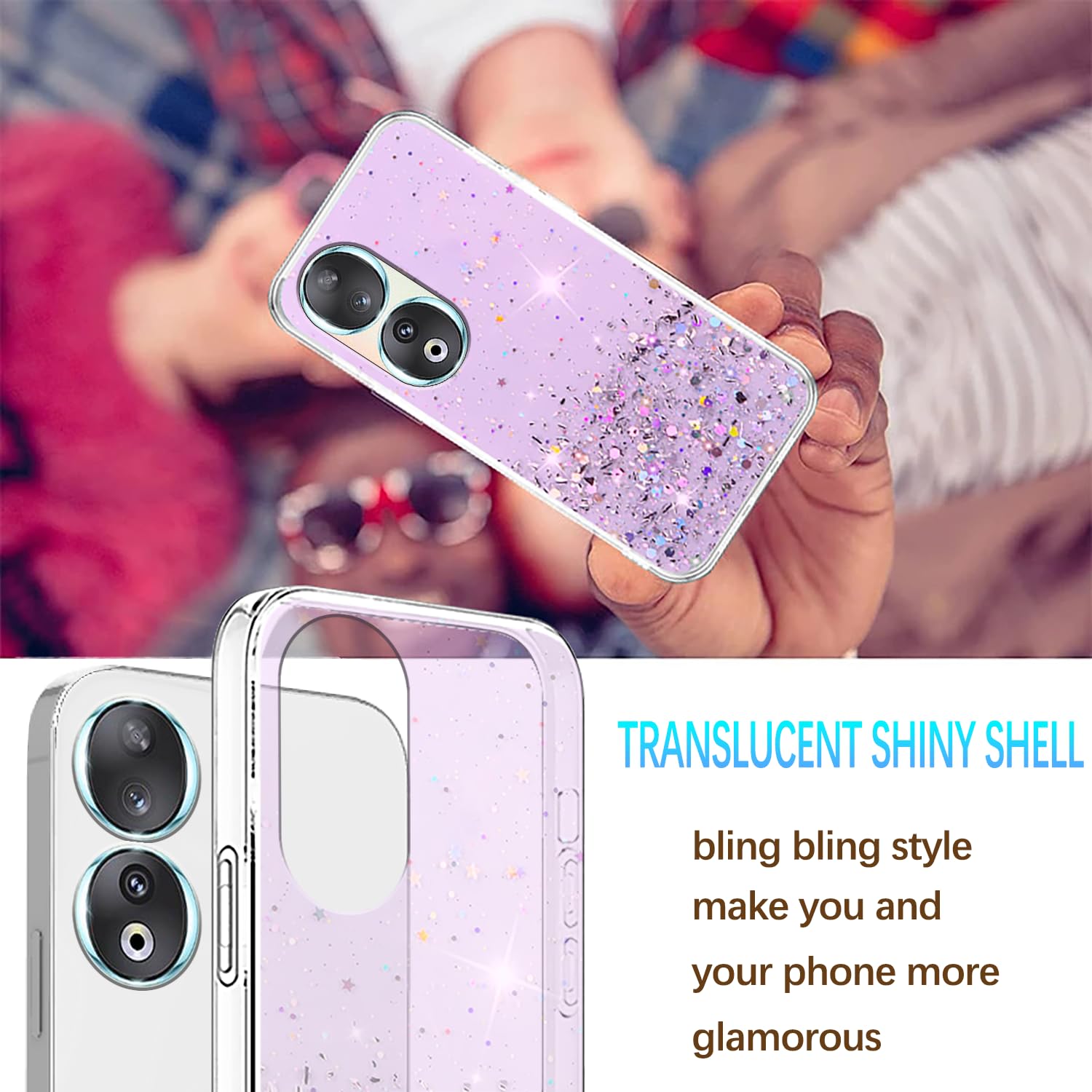 Custodia Honor 90 Glitter Con Fiori – Silicone TPU Trasparente Antiurto – Viola