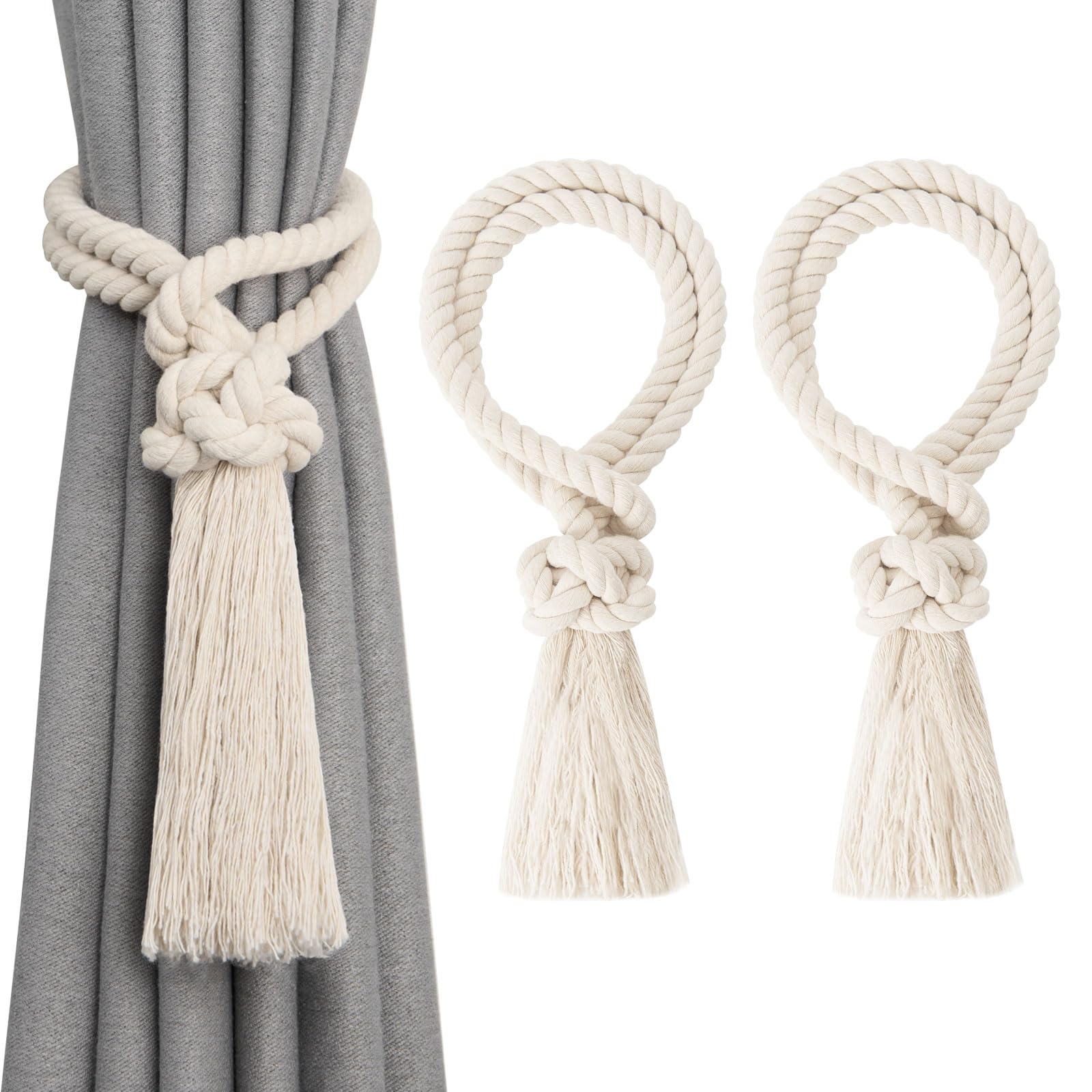 Pretty Jolly 2 Pack Natural Cotton Rope Tassel Curtain Tiebacks Boho Home Decor Drape Tie Backs Hand Woven Ball Curtain Holdbacks for Thin & Thick Home & Office Window Draperies (Beige)
