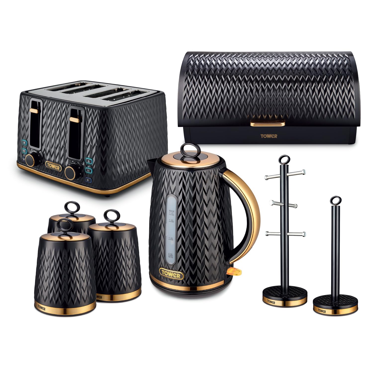 Tower Empire 5 Piece Kitchen Set, 3kW 1.7L Kettle, 4 Slice Toaster, Bread Bin, 3 x 1.3L Canisters, Towel Pole & Mug Tree, Black & Brass, EEJB469