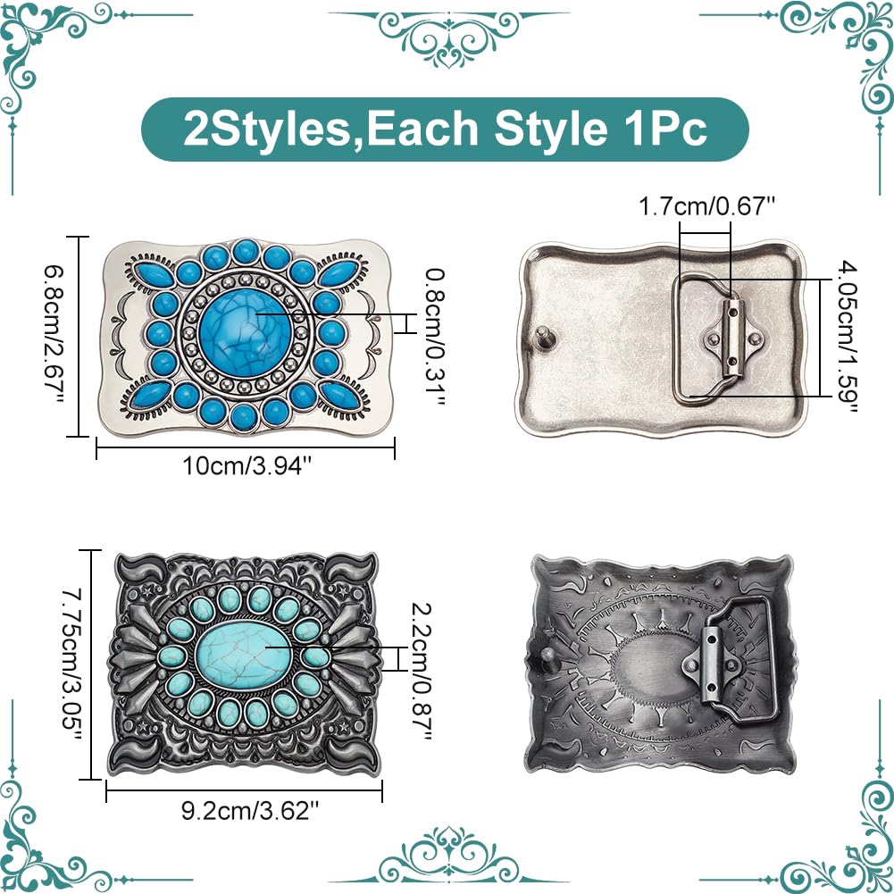 WADORN 2 Style Synthetic Turquoise Belt Buckles, 2pcs Rectangle Relief Belt Buckle Replacement Metal Turquoise Belt Buckles for DIY Belts Bags Overcoat Down Jacket Belt Decorative Accessories