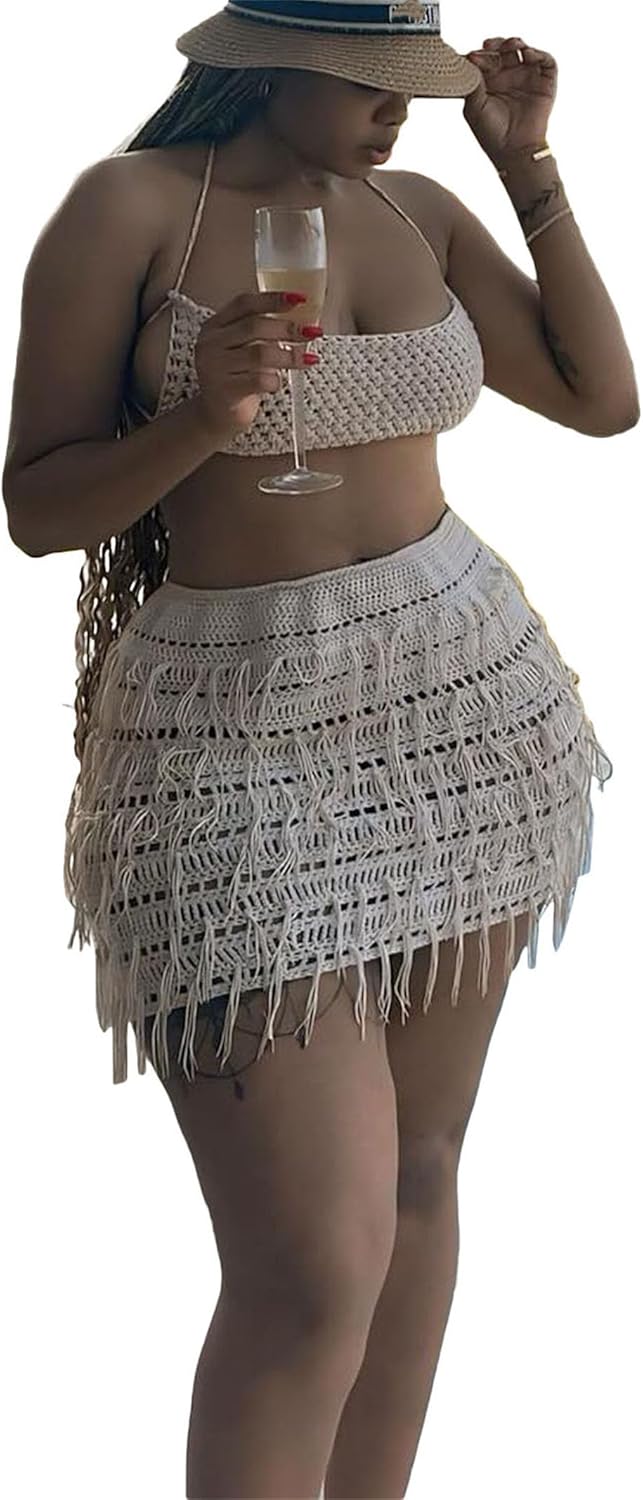 CALEBGAR Women 2 Piece Outfits Sexy Crochet Mini Dress Hollow Tassel Skirts Sets Summer Bandage Tube Tops