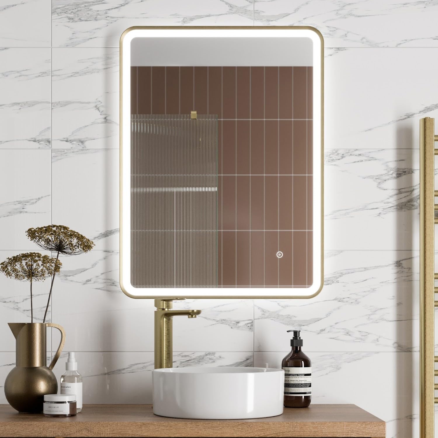 BAYSTONE® 600 x 800mm Bathroom Mirror with LED Lights Wall Mounted Demister Illuminated Mirrors for Bathrooms, Mains Powered, Brushed Brass, Touch Sensor