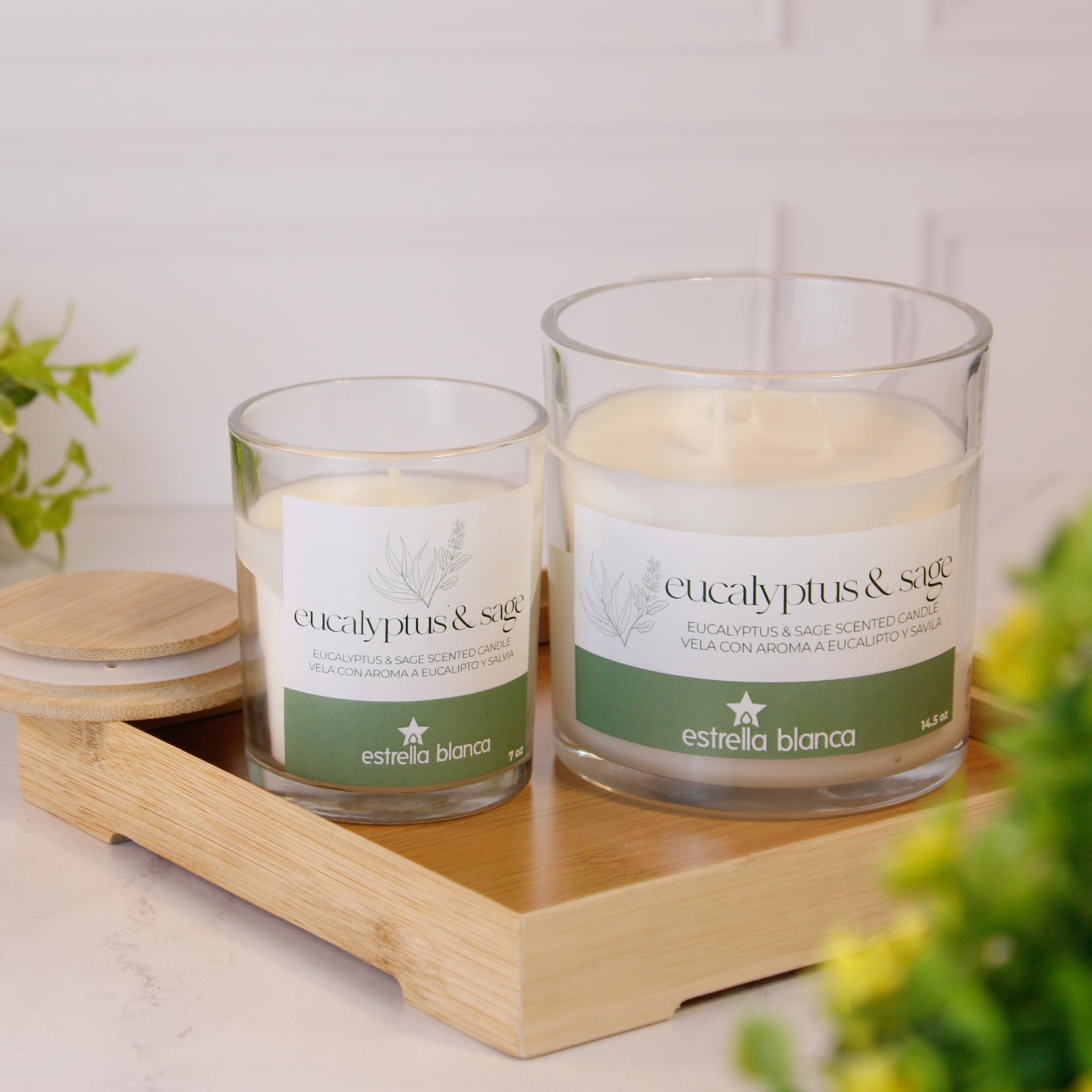 Vela perfumada de eucalipto y salvia, cera de soja aromática, larga duración, 35 horas de combustión, parte superior de bambú, 7 onzas