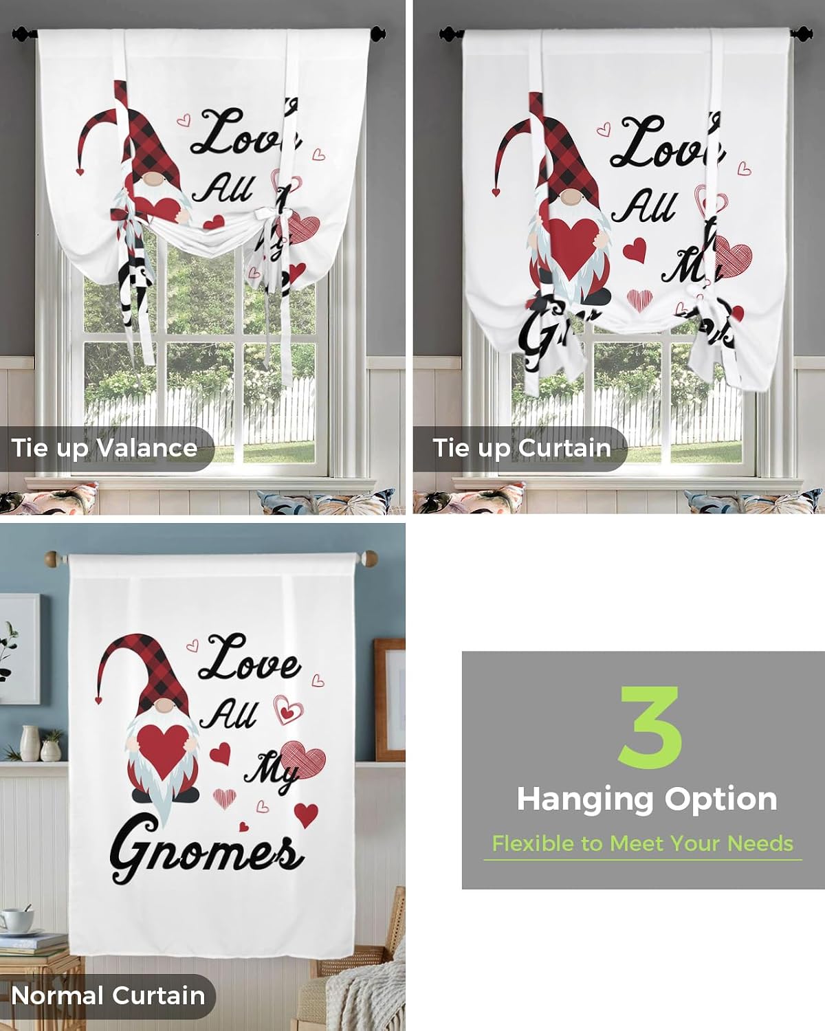 Valentine Tie Up Curtains for Kitchen Windows, Gnome with Love Texts on White Adjustable Balloon Shade Curtain Panel Rod Pocket Drapes for Small Window Decor 42" Wx63L, Sweet Dwarfs