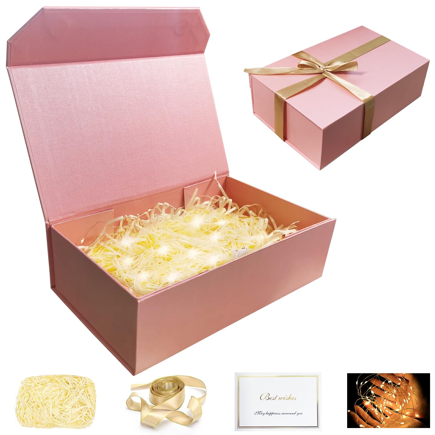 Photo 1 of Ohpenlin Pink Gift Box with Lid, 9.5"x 6"x 3"Magnetic Gift Boxes with Ribbon,Card, Shredded Filler and String Lights for Presents,Perfect for Wedding,Christmas,Birthdays,Crafting,Gift Packaging