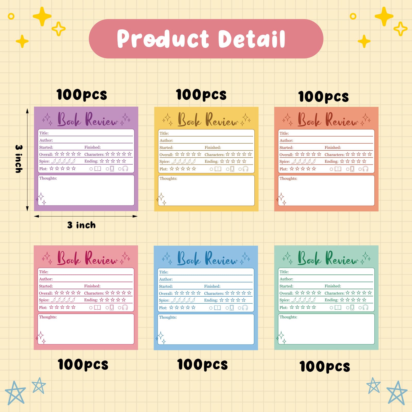 Mini-Haftnotizen für Buchrezensionen, 7,6 x 7,6 cm, selbstklebend, Schulanfang, Lese-Tracker für Buchliebhaber, Leseprotokoll-Aufkleber für Studenten, Bücherwurm, Geschenk, bunt, 12 Stück