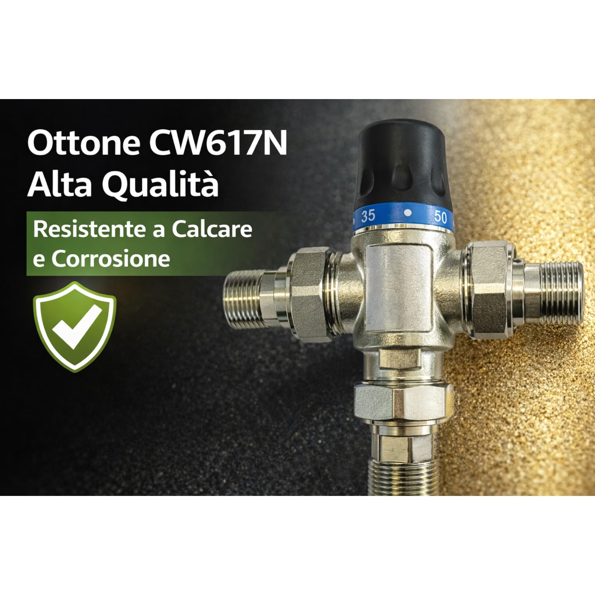 Valvola Miscelatrice Termostatica Solare 1” in Ottone CW617N con Prolunghe 3/4” M, Regolatore Temperatura 35-60°C, Antiscottatura per Boiler, Scaldabagno e Impianti Solari