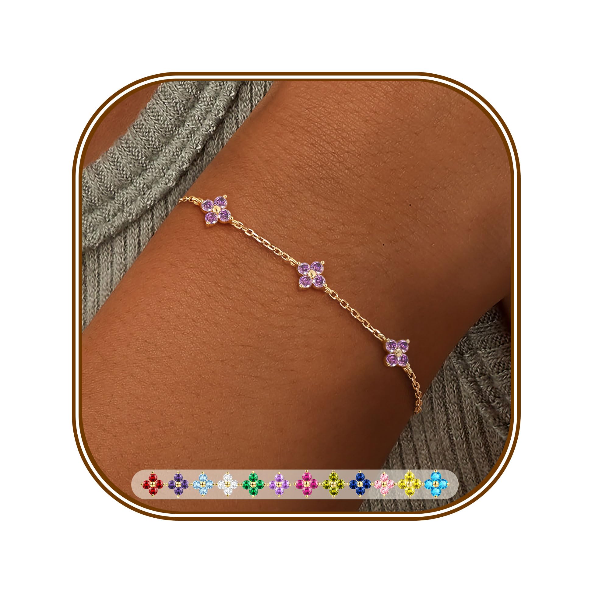 FUNEIA Armband Damen Gold Verstellbar 18K Vergoldet Charm Armband Kleeblatt Armband mit Zirkonia Goldene Armbänder Blumen Armkette Damenarmband Wasserfest Schmuck Geschenke für Frauen Mädchen