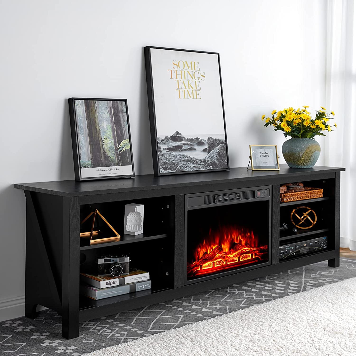 wood tv console with fireplace