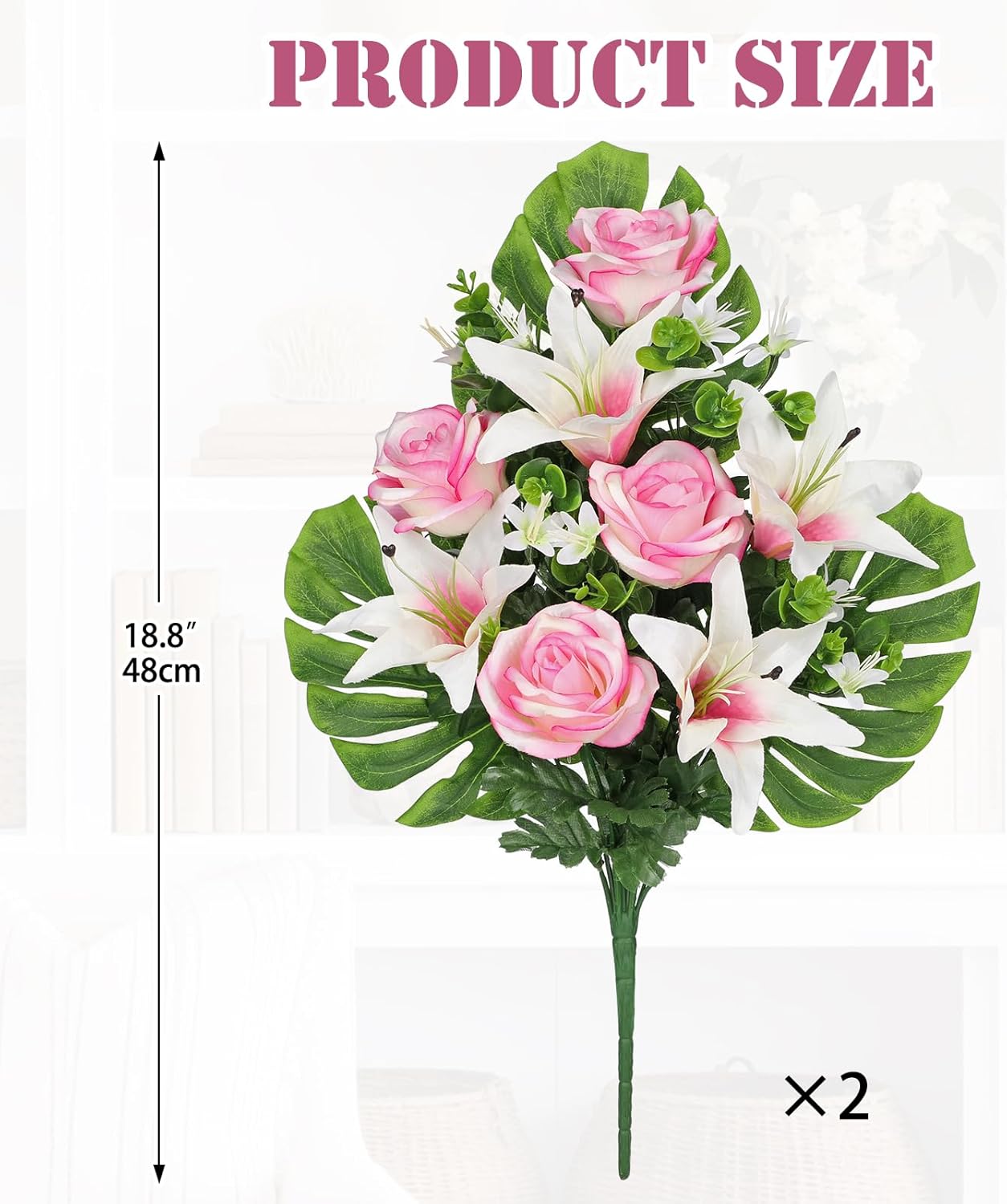 Hollyone 2 Set Artificial Cemetery Flowers for Grave, Silk Pink Fake Rose Lily Bouquet Floral Arrangement Flower Outdoor Graveyard Memorial Flowers for Cemetery Headstones Funeral Vase Decoration