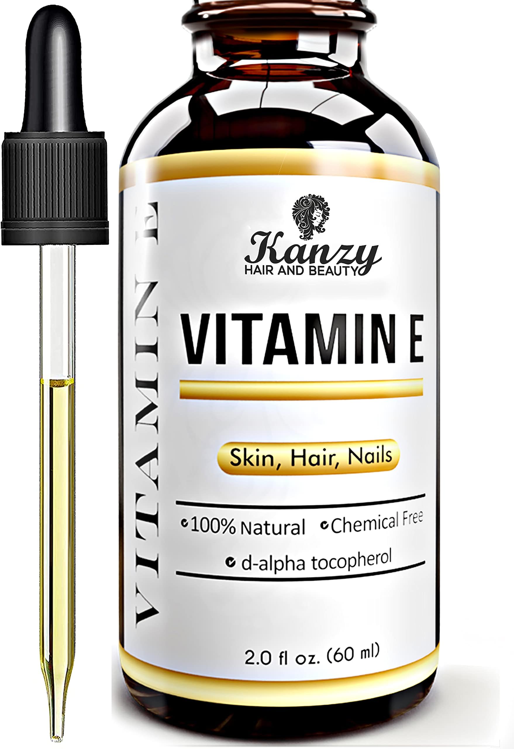 Kanzy Vitamin E Oil for Face & Skin 100% Naturally Sourced Plant-Based Organic Pure Vitamin E Oil for Hair d-Alpha-tocopherol Body Oil for Women & Men, Strengthens & Moisturizes Nails 60ml Body Oil
