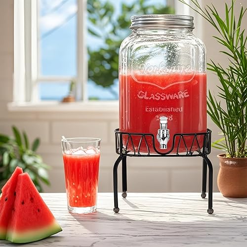 Miniatura 6 de Dispensador de bebidas de vidrio con soporte y tapa, un paquete de 2 galones con espita de acero inoxidable, dispensadores de bebidas de vidrio para