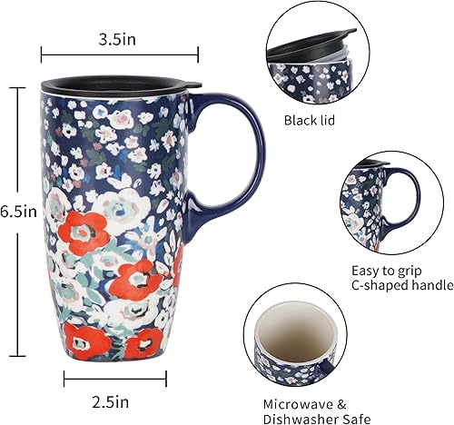 Miniatura 5 de Topadorn Taza de cerámica de café Taza de té de porcelana con tapa 17oz. Floral