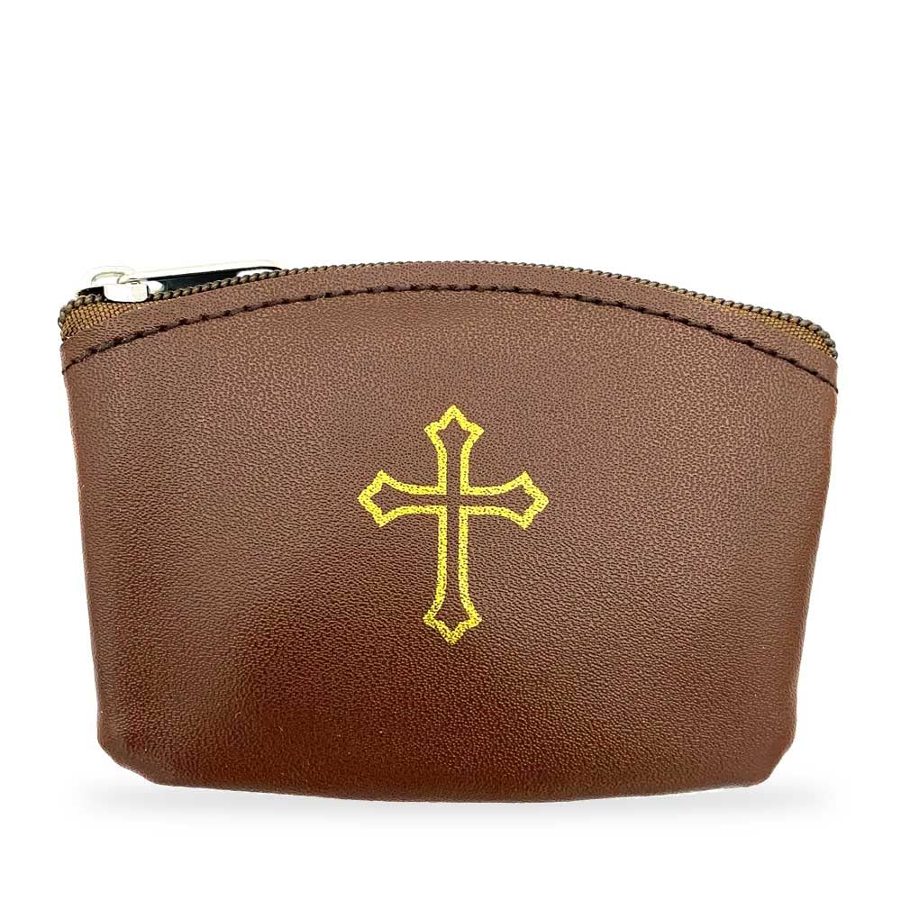Brown Rosary Pouch with Zipper &amp; Gold St. Thomas Cross Imprint | Compact Leatherette Rosary Case for Small to Medium Rosaries | Protective Travel Rosary Holder for Men &amp; Women