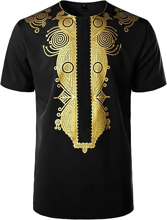 ZEROYAA Mens African Ethnic Hidden Button Short Sleeve Shirt Metallic Gold Printed Dashiki